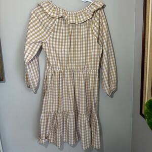 J. Crew Tan Gingham Seersucker Ruffle Neck Tiered Mini Dress